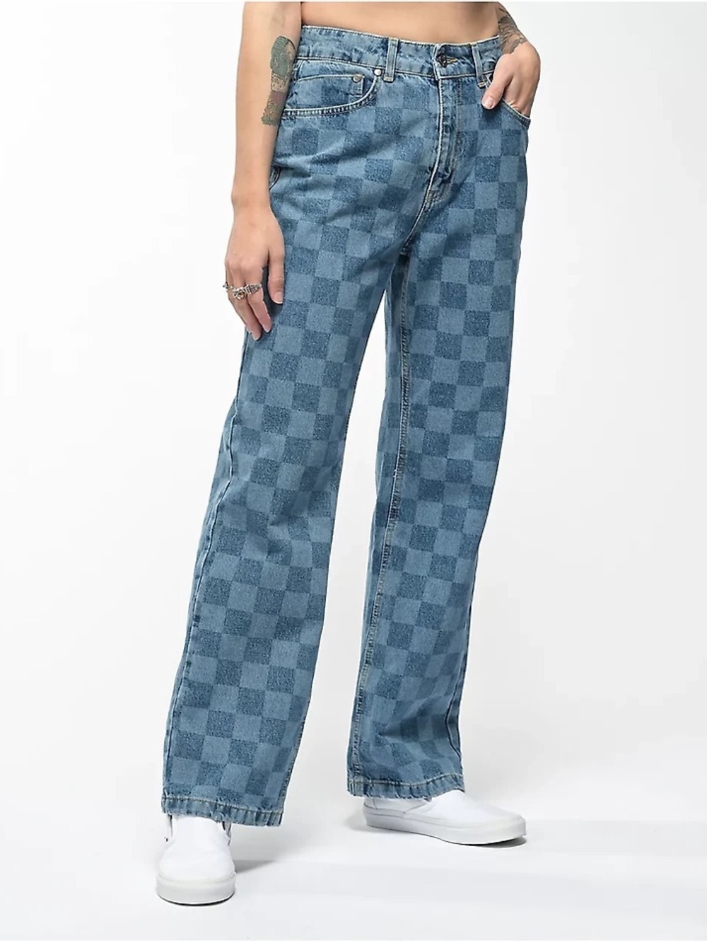 wild fable Blue Checkered Wide-Leg Jeans